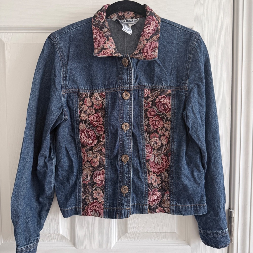 Jessica Howard Denim Jacket Women 6P Floral Tapestry Vintage 90s Cottagecore